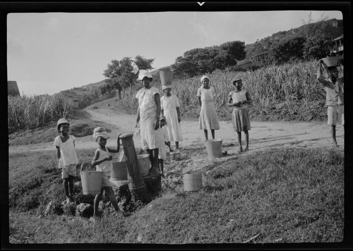 Barbados, British West Indies, children getting water at the wayside tap, Bathsheba