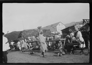 Island of St. Lucia, British West Indies, women selling guava jelly, fruits, shells, baskets, etc.