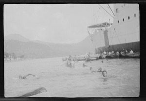 British West Indies, boys diving for money, S. S. Lady Hawkins at right of picture