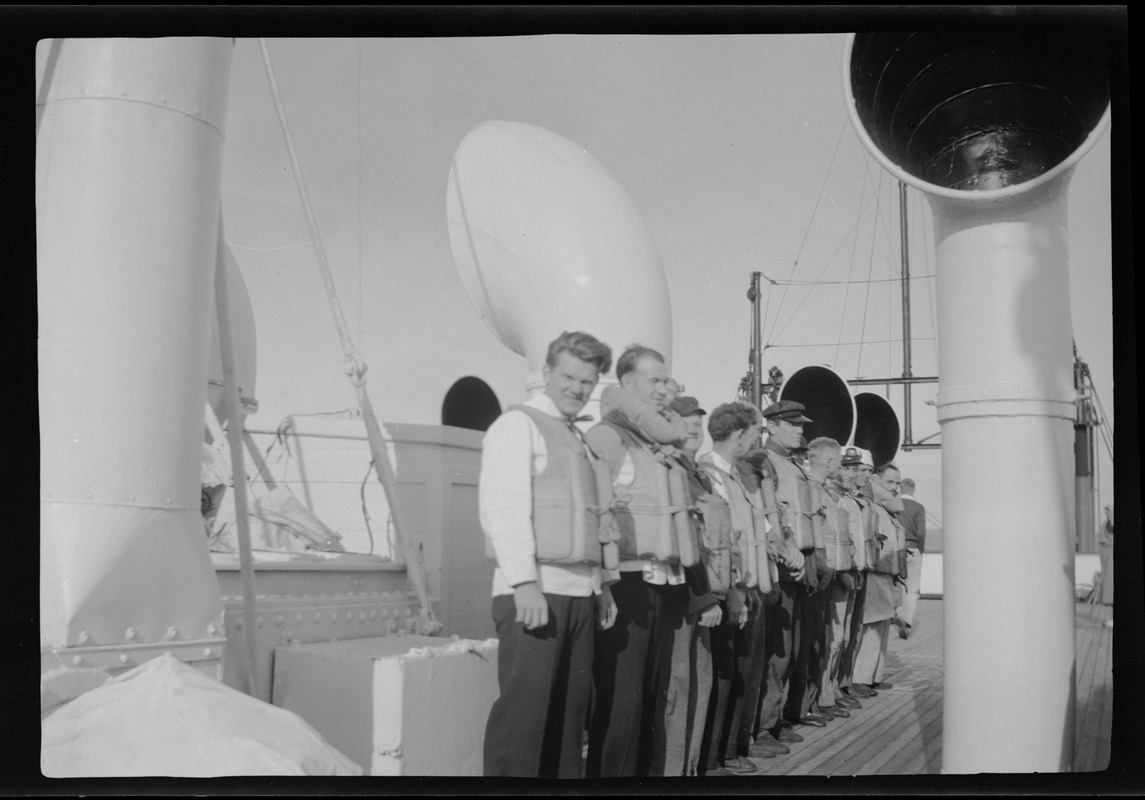 Fire drill on the S. S. American Merchant, the stewards lined up