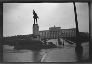 A very rainy day at Stormont Parliament House, Belfast, showing the statue of Carson