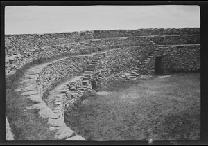 The Grianan of Aileach, Derry, Ireland, showing the main entrance (at the bright) and the small entrance to the space between the outer and inner walls