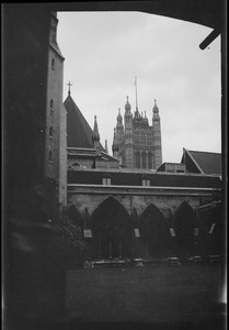 View taken in the cloister at Westminster Abbey, London, showing tower of Houses of Parliament