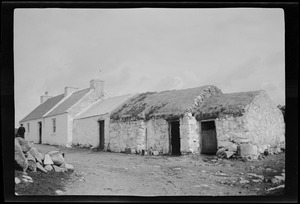 Gortahork, Co. Donegal, Ireland, on road to Dunlewy, "a progression in housing," thatch, iron roof, and slate (Evolution?)