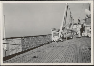 Railing on top deck smashed by big waves in the storm July 20th, S. S. American Trader