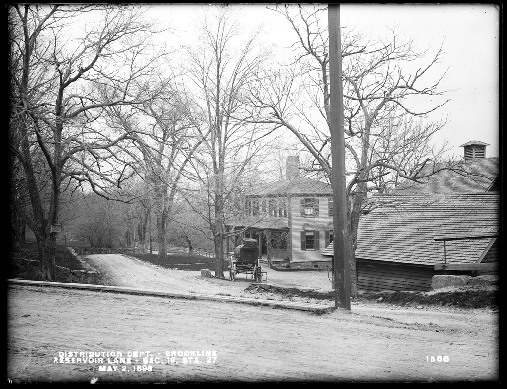 Distribution Department, Southern High Service Pipe Line, Section 19, Reservoir Lane, station 27, Margaret W. Reed's house on the north side of lane, from the south in Boylston Street, Brookline, Mass., May 2, 1898