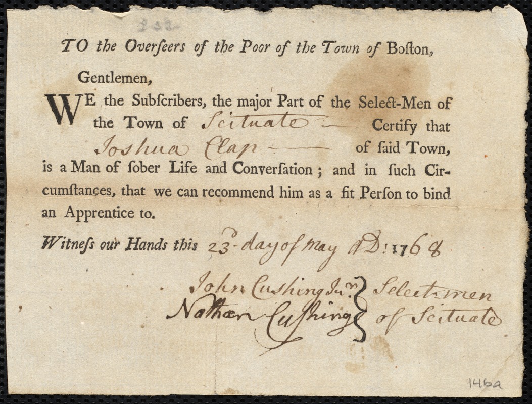 Sarah Akley indentured to apprentice with Joshua Clap of Scituate, 9 May 1768