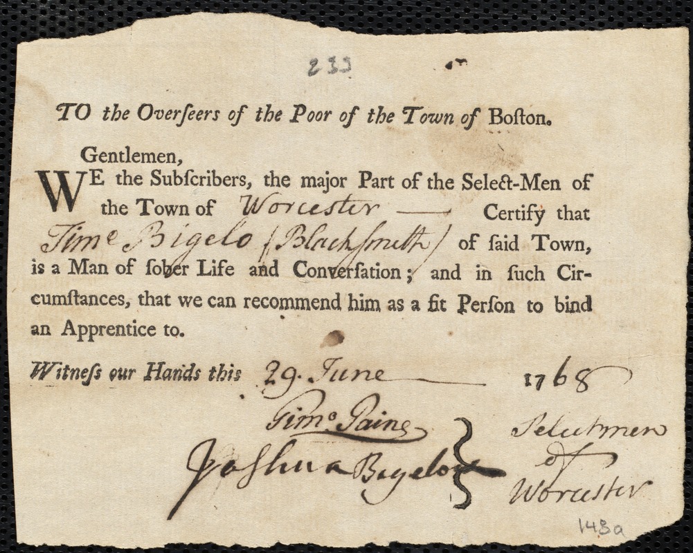 John Bradley indentured to apprentice with Timothy Bigelo of Worcester, 16 June 1768
