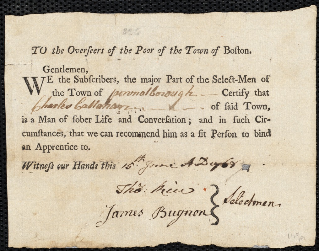 Thomas Burns indentured to apprentice with Charles Callahan of Pownalborough, 28 June 1768
