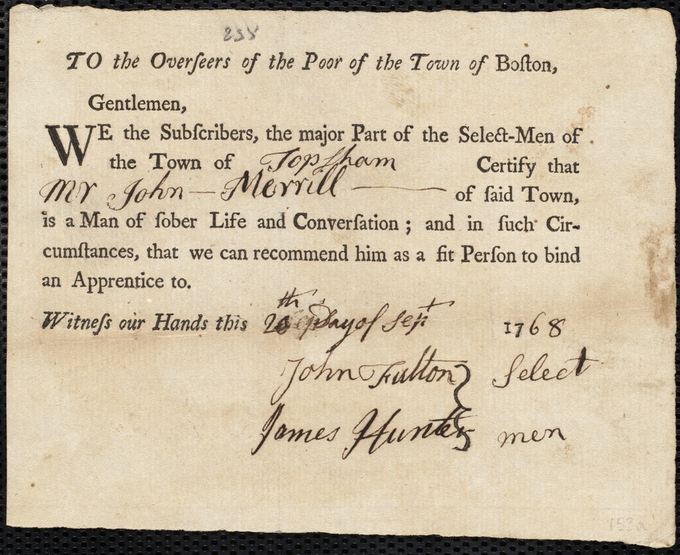Samuel Akley indentured to apprentice with John Merrill of Topsham, 23 July 1768