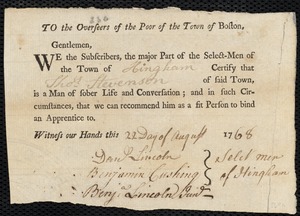 Elizabeth Bennison indentured to apprentice with Thomas Stevenson of Hingham, 4 August 1768