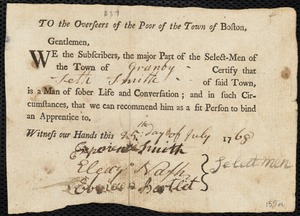 Sarah Vails indentured to apprentice with Seth Smith of Granby, 22 August 1768