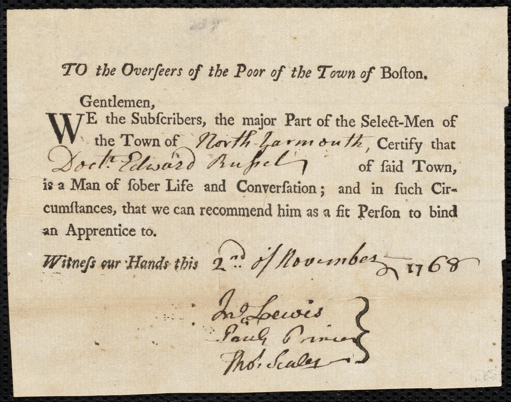 Mary Akley indentured to apprentice with Edward Russel of North Yarmouth, 6 September 1768