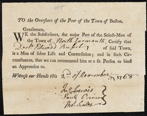 Document of indenture: Servant: Akley, Mary. Master: Russel, Edward. Town of Master: North Yarmouth. Selectmen of the twon of North Yarmouth autograph document signed to the Overseers of the Poor of the town of Boston: Endorsement Certificate for Edward Russel.