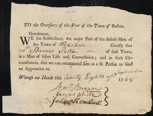 Elizabeth Lemoine indentured to apprentice with Thomas Patten of Watertown, 1 October 1768