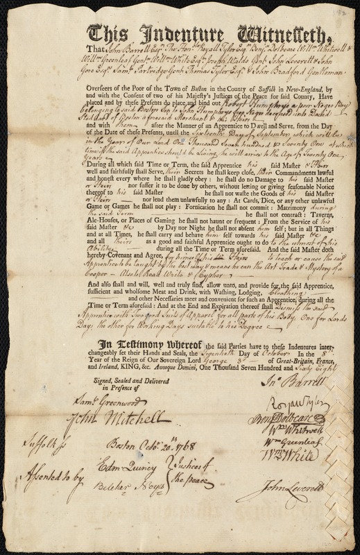 Robert Humphrys indentured to apprentice with John [David] Stoddard of Boston, 20 October 1768