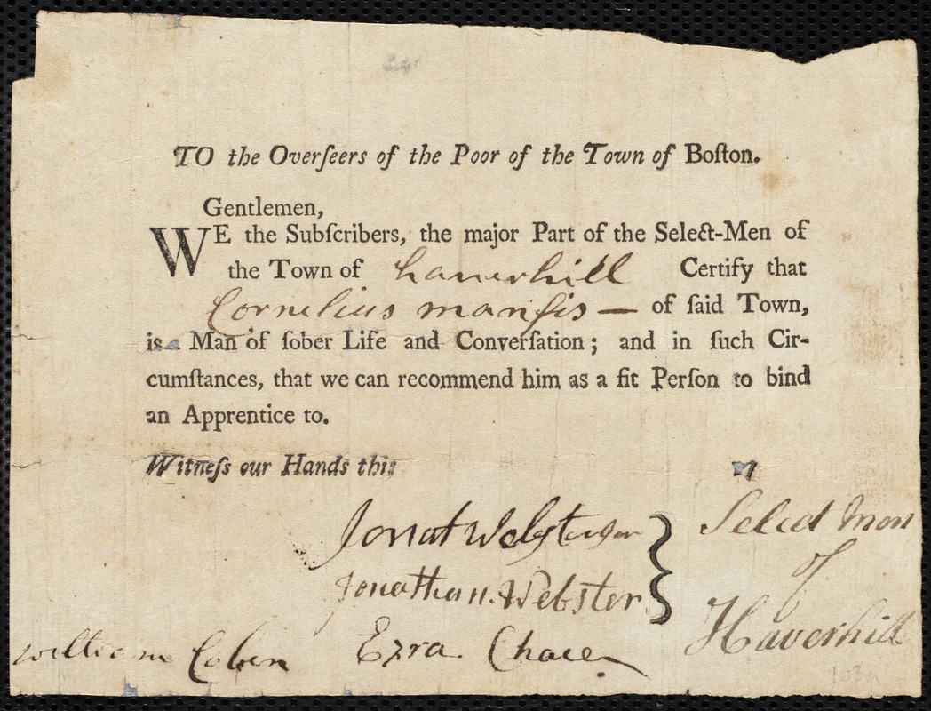Endorsement Certificate for Cornelius Mansis from the Selectmen of the town of Haverhill, [October 1768]