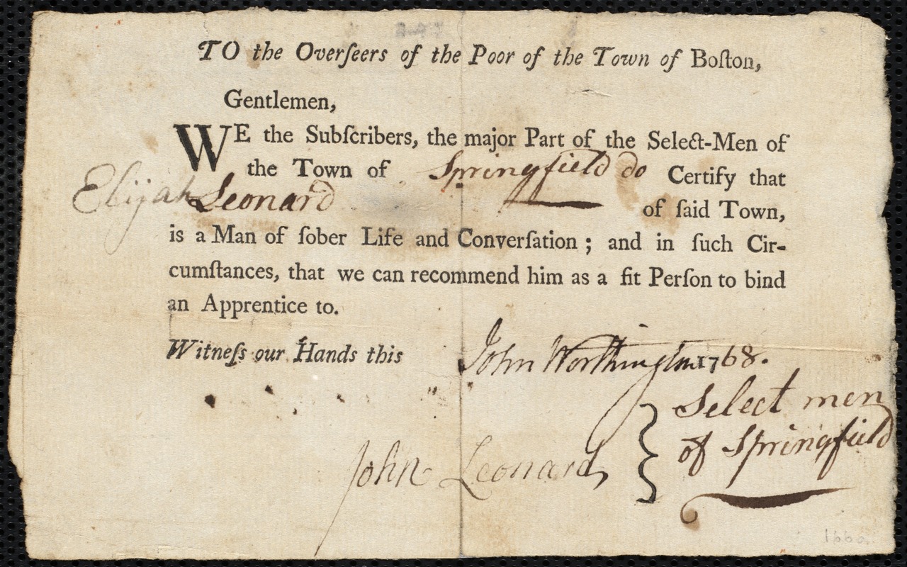 Sarah Lassley indentured to apprentice with Elijah Leonard of Springfield, 25 November 1768