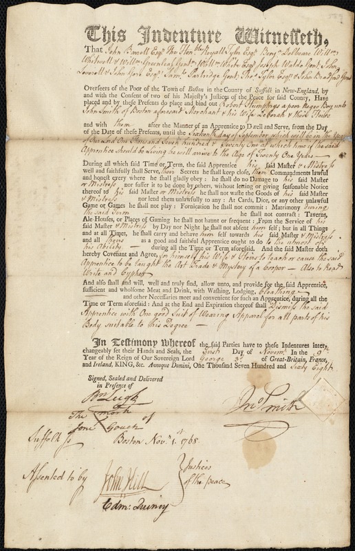 Robert Humphrys indentured to apprentice with John Smith of Boston, 1 November 1768