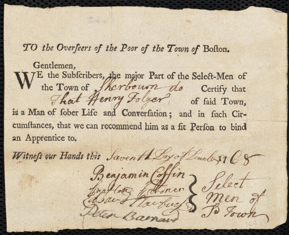 Mary Dumphy indentured to apprentice with Henry Folger of Sherburn [Nantucket]., 24 November 1768