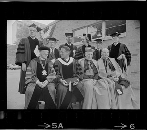 Recipients of honorary degrees at Boston College commencement, seated from left, W. Seavey Joyce, Gov. Francis W. Sargent, Richard Cardinal Cushing, Terence Cardinal Cooke, standing from left, Philip J. McNiff, Talcott Parsons, A. Philip Randolph, Katharine Graham, R. Buckminster Fuller, Henry L. Shattuck