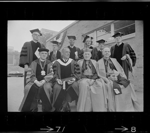 Recipients of honorary degrees at Boston College commencement, seated from left, W. Seavey Joyce, Gov. Francis W. Sargent, Richard Cardinal Cushing, Terence Cardinal Cooke, standing from left, Philip J. McNiff, Talcott Parsons, A. Philip Randolph, Katharine Graham, R. Buckminster Fuller, Henry L. Shattuck