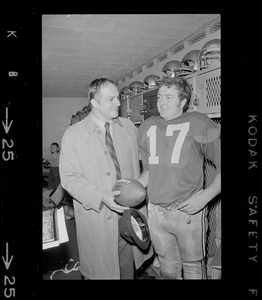 Boston College football coach Joe Yukica and quarterback Frank Harris in locker room after win against Holy Cross