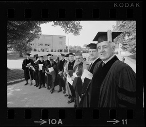 Honorary degree recipients photographed after the Boston College commencement are, from left: Walter Jackson Bate, Andrew Felton Brimmer, Rev. Msgr. George W. Casey, Eli Goldston, Elma Lewis, Sen. Mike Mansfield, B.C. Pres. Father Seavey Joyce, William J. McGill, Archbishop Humberto Medeiros, Walter G. Muelder, and former Senator Leverett Saltonstall