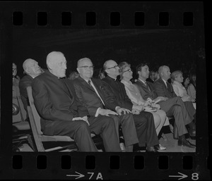 Pat O'Brien, Richard Cardinal Cushing, and Stanley Blinstrub seated at Blinstrub's Village benefit show, Boston Garden