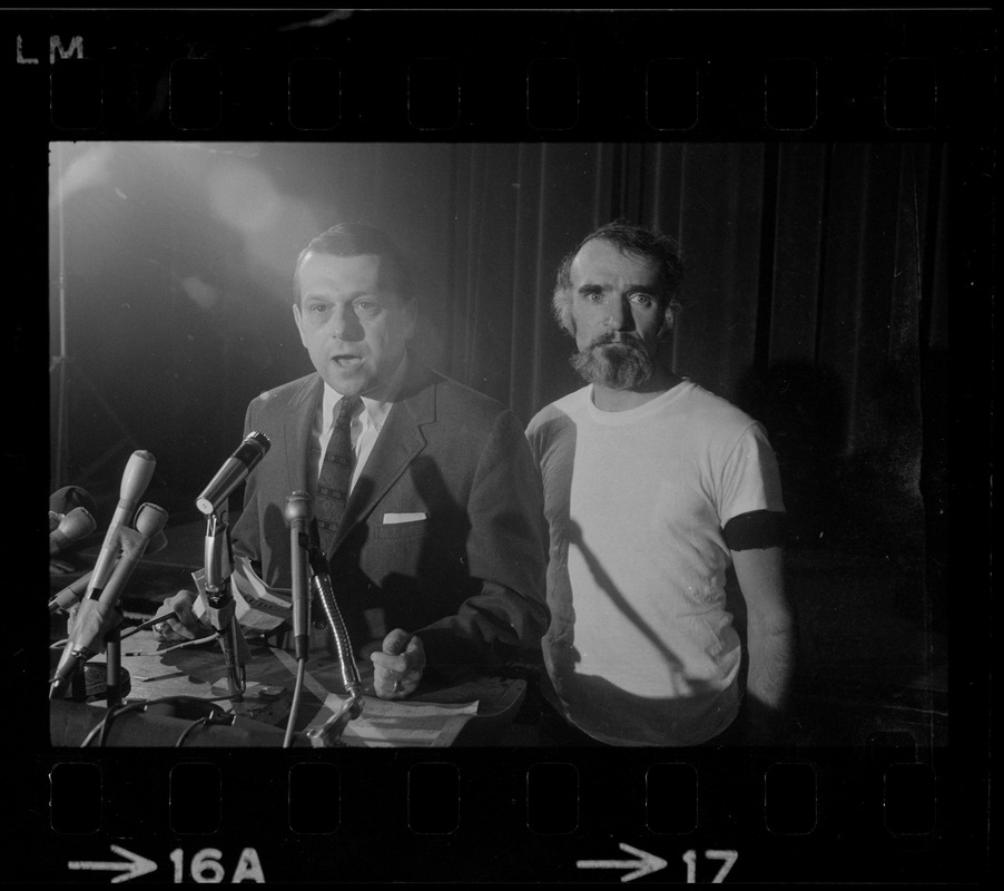 Sen. John J. Conte speaking at Walpole State Prison rally for better conditions, with Jack McCambridge