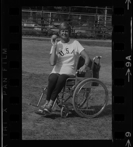 Bea Anderson, Olympic wheelchair champ from West Brookfield, in shot put event at Boston's "Happening for the Handicapped" on Boston Common