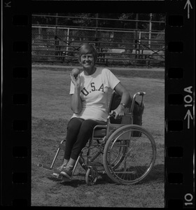 Bea Anderson, Olympic wheelchair champ from West Brookfield, in shot put event at Boston's "Happening for the Handicapped" on Boston Common