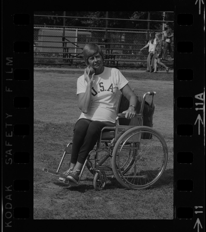 Bea Anderson, Olympic wheelchair champ from West Brookfield, in shot put event at Boston's "Happening for the Handicapped" on Boston Common