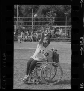 Bea Anderson, Olympic wheelchair champ from West Brookfield, in shot put event at Boston's "Happening for the Handicapped" on Boston Common