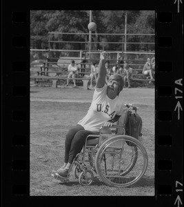 Bea Anderson, Olympic wheelchair champ from West Brookfield, in shot put event at Boston's "Happening for the Handicapped" on Boston Common