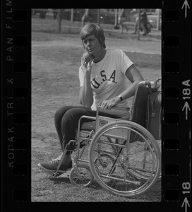 Bea Anderson, Olympic wheelchair champ from West Brookfield, in shot put event at Boston's "Happening for the Handicapped" on Boston Common