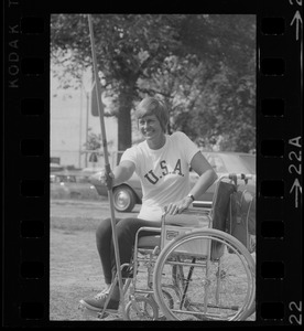 Bea Anderson, Olympic wheelchair champ from West Brookfield, with javelin at Boston's "Happening for the Handicapped" on Boston Common