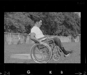 Unidentified man in wheelchair at Boston's "Happening for the Handicapped" on Boston Common