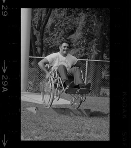 Unidentified man in wheelchair at Boston's "Happening for the Handicapped" on Boston Common