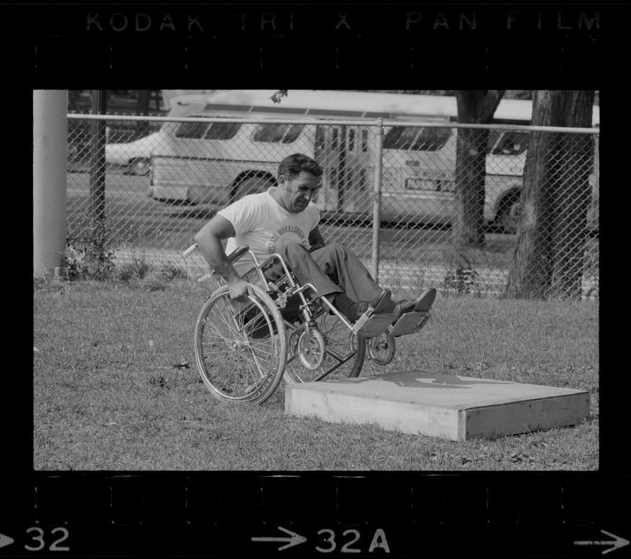 Unidentified man in wheelchair at Boston's "Happening for the Handicapped" on Boston Common