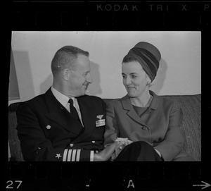 Possibly Captain Gordon H. Hartley and his wife, Charlotte, aboard the aircraft carrier Wasp in port at South Boston after picking up Gemini astronauts