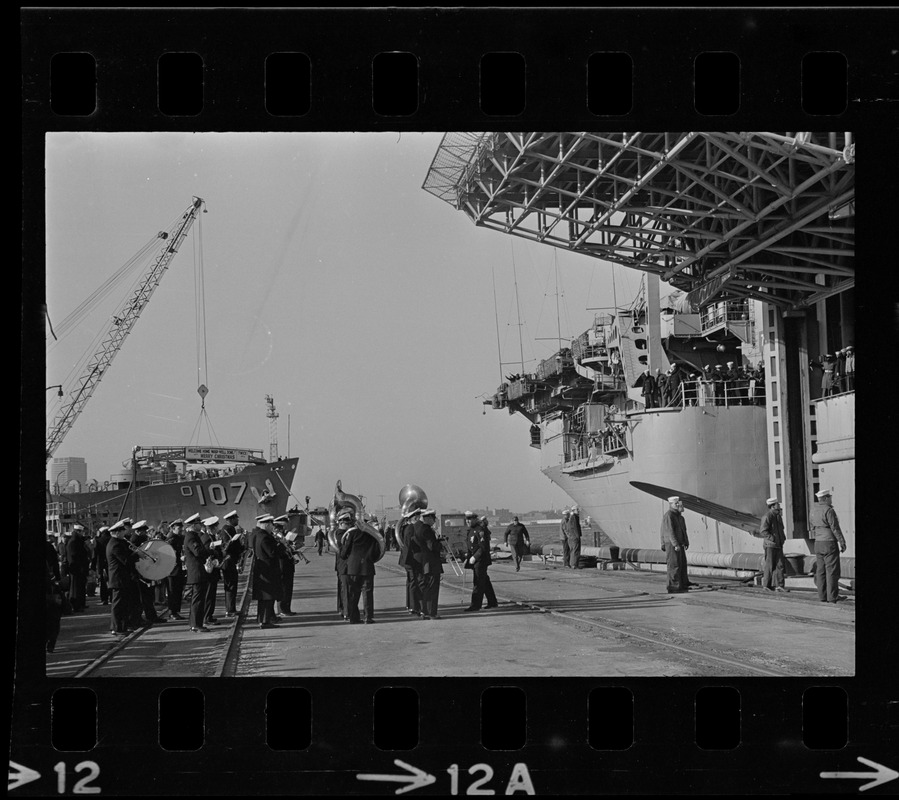 Band playing as Wasp carrier arrives in port at South Boston after astronauts pickup