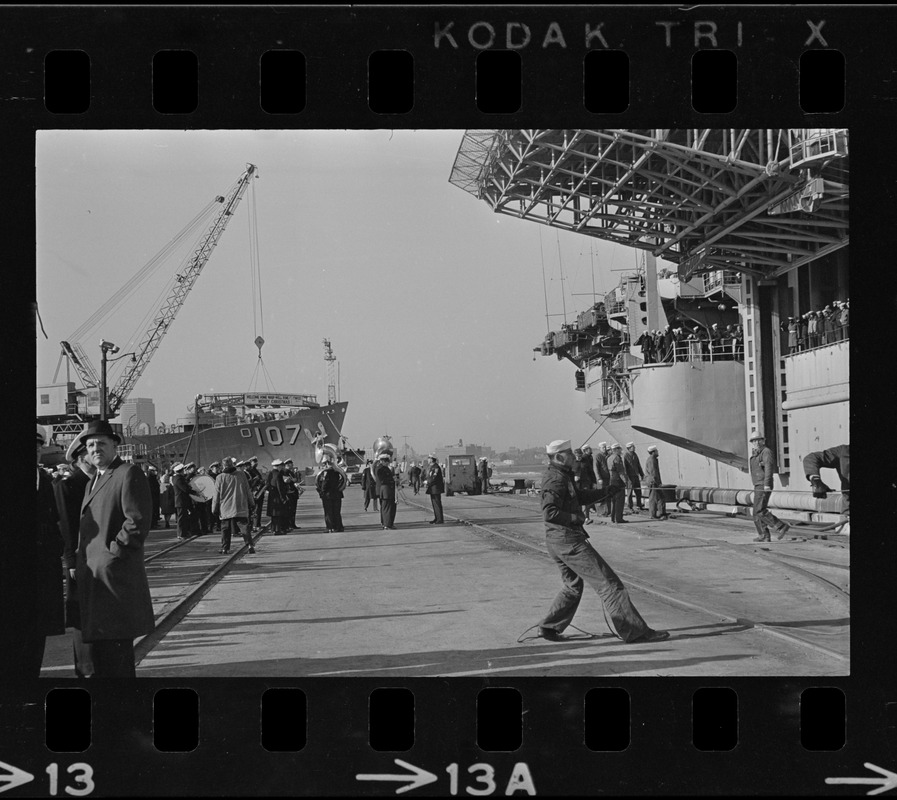 Band playing as Wasp carrier arrives in port at South Boston after astronauts pickup