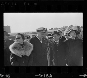 Governor John Volpe and Rear Adm. William B. Sieglaff watch the aircraft carrier Wasp arrive in port at South Boston after picking up Gemini astronauts
