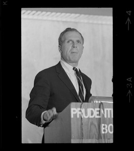 Mayoralty candidate Kevin White address students and newsmen at a debate sponsored by the Sigma Delta Chi fraternity held in the executive dining room at the Prudential Center