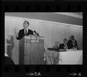 Mayoralty candidate Kevin White address students and newsmen at a debate sponsored by the Sigma Delta Chi fraternity held in the executive dining room at the Prudential Center