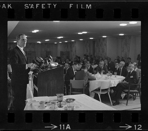 Mayoralty candidate Kevin White address students and newsmen at a debate sponsored by the Sigma Delta Chi fraternity held in the executive dining room at the Prudential Center