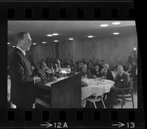 Mayoralty candidate Kevin White address students and newsmen at a debate sponsored by the Sigma Delta Chi fraternity held in the executive dining room at the Prudential Center