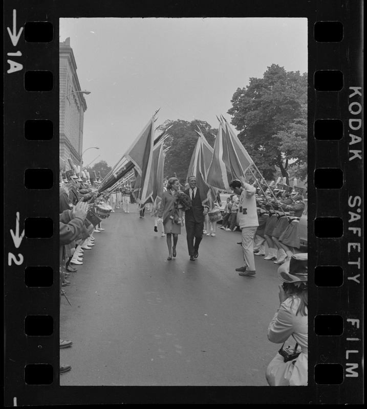 Boston Mayor Kevin White and Kathryn White walking in Bunker Hill Parade