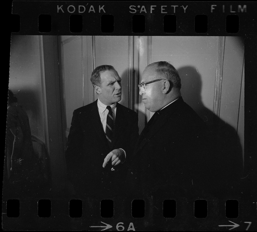 Boston Mayor Kevin White talking to unidentified man at inaugural luncheon